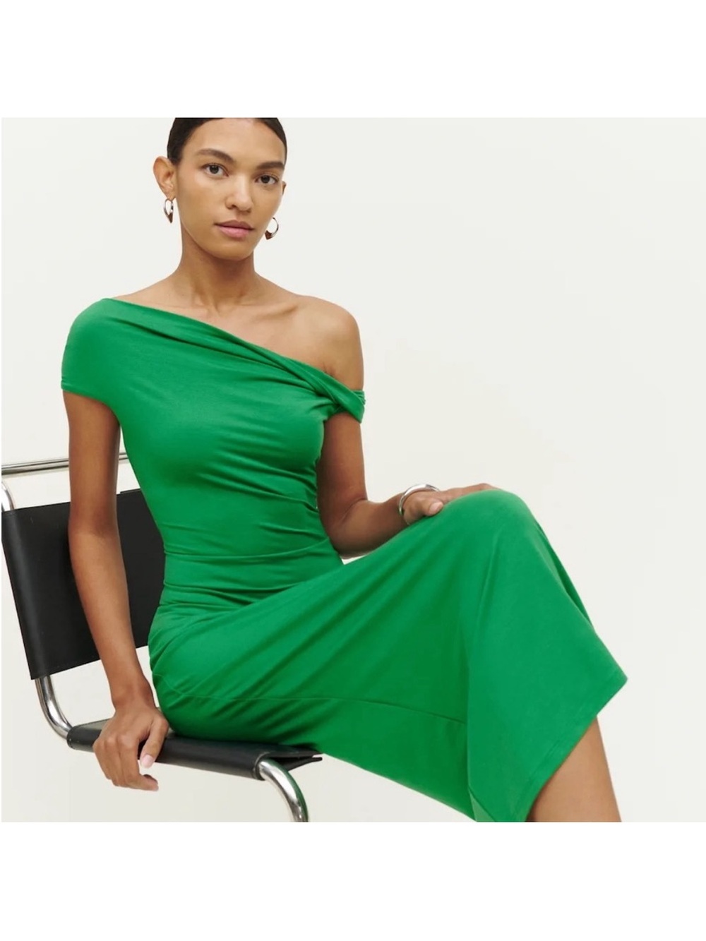 Reformation Off-Shoulder Green Midi Dress - Jamen Knit Dress